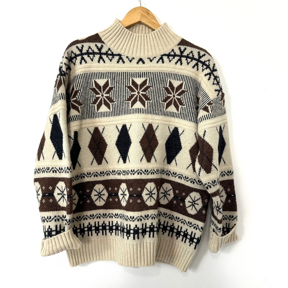 Nordic Fair Isle Sweater Oversized Womens S Cozy Cabin Apres Ski Brown Mock Neck